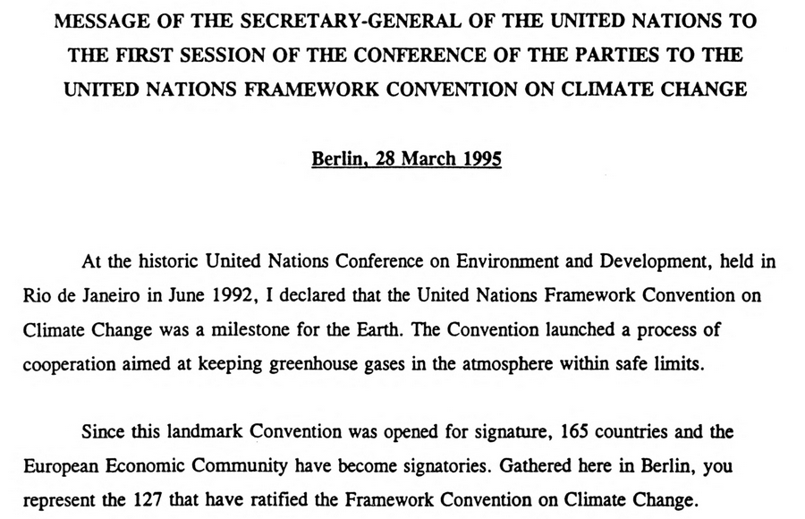 UN Secretary-General’s statement at the opening of the First Session of the Conference of the Parties (COP 1) in Berlin on 28 March 1995