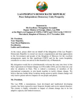 High Level Segment Statement COP22 Lao People's Democratic Republic 20161116