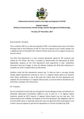 High Level Segment Statement COP23 Solomon Islands 20171116
