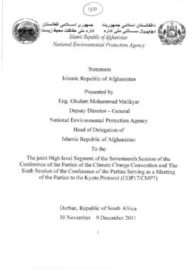 High Level Segment Statement COP17 Afghanistan 20111208