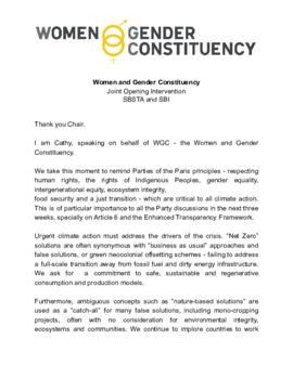 Statement Opening of SB2021 Women and Gender Constituency (WGC) 20210531