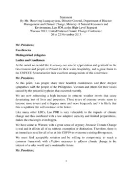 High Level Segment Statement COP19 Lao People's Democratic Republic 20131121