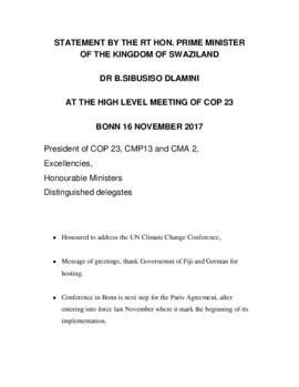 High Level Segment Statement COP23 Eswatini 20171116