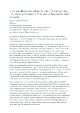 High Level Segment Statement COP23 Chancellor of Germany Angela Merkel 20171115