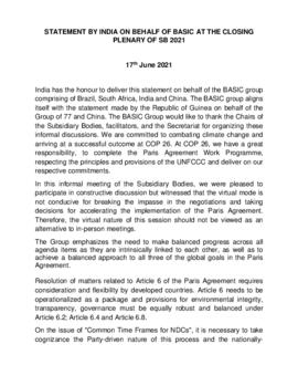Statement Closing of SB2021 India on behalf of Brazil, South Africa, India and China.(BASIC) 20210617