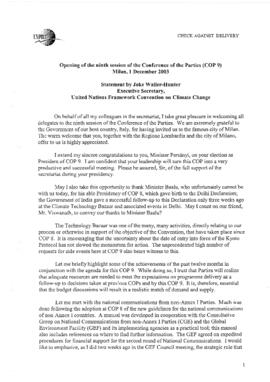 Statement Opening of COP9 UNFCCC Executive Secretary 20031201