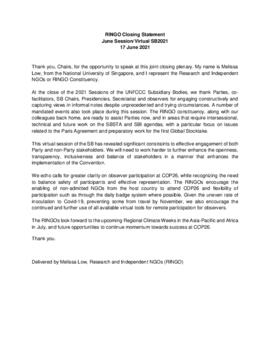 Statement Closing of SB2021 Research and independent NGOs (RINGO) 20210617