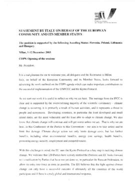 Statement Opening of COP9 Italy on behalf of European Union 20031201