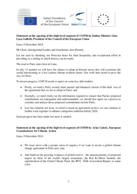 High Level Segment Statement COP20 Italy on behalf of European Union 20141209