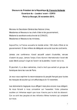 Statement High Level Leaders Event COP21 President of France Francois Hollande 20151130